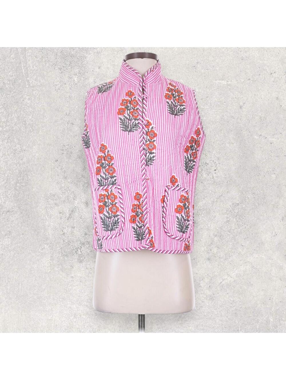 Le Bazar Coastal Grandma 100% Cotton Pink Striped Block Print Floral Boho Vest S